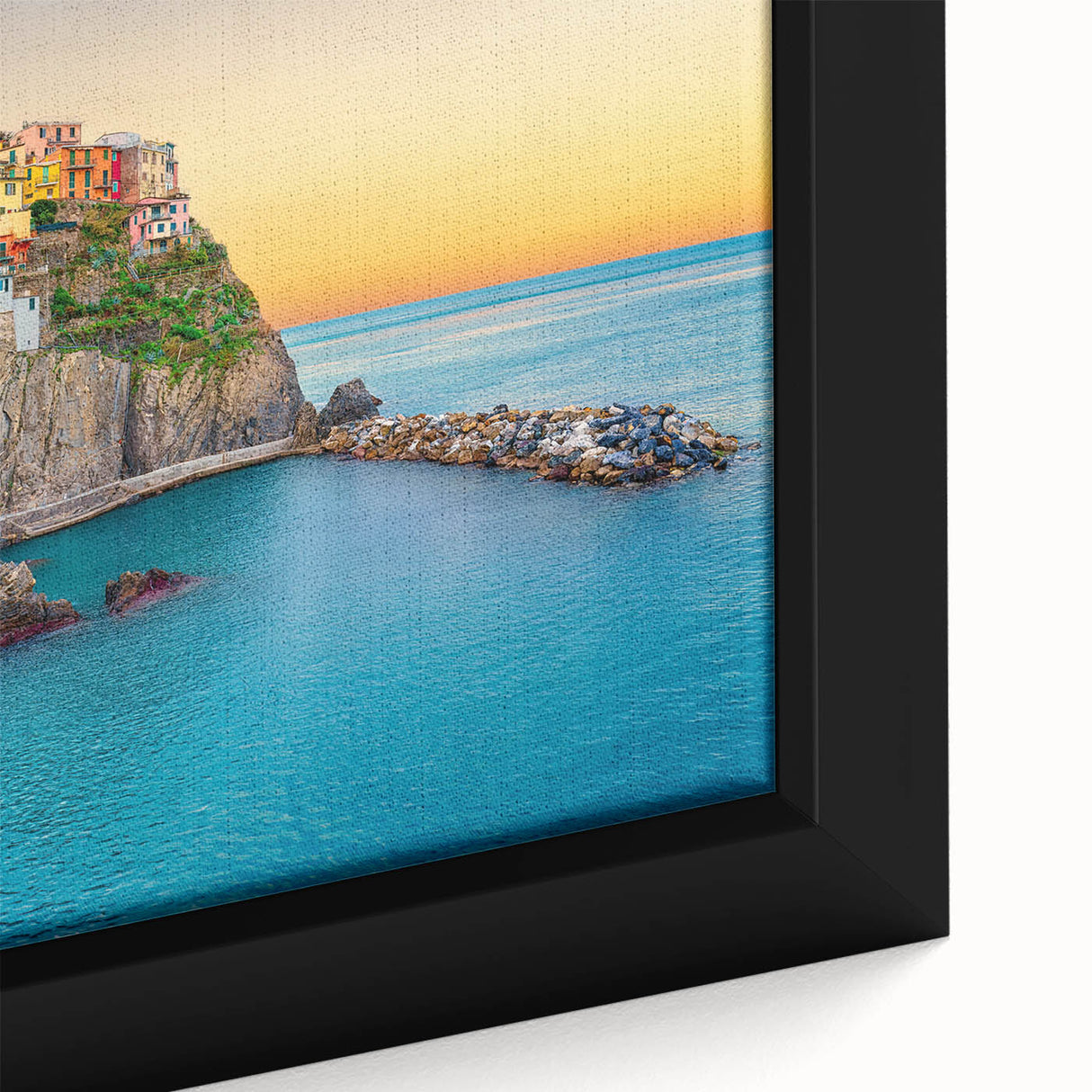 Black framed canvas of Cinque Terre with textured, colorful art, ideal for extra large living room wall.