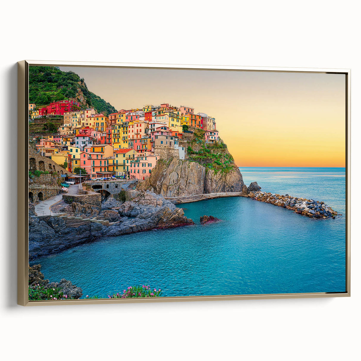 Framed canvas wall art depicting the vibrant, colorful landscape of Cinque Terre, Italy, ideal for bedroom decor.