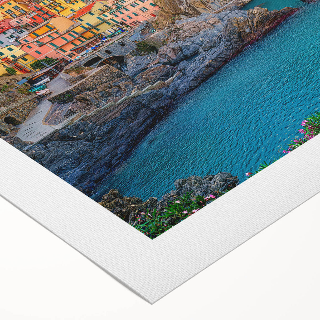 Art deco poster of Cinque Terre with vibrant coastal colors on rolled canvas, suitable for dining room decor.