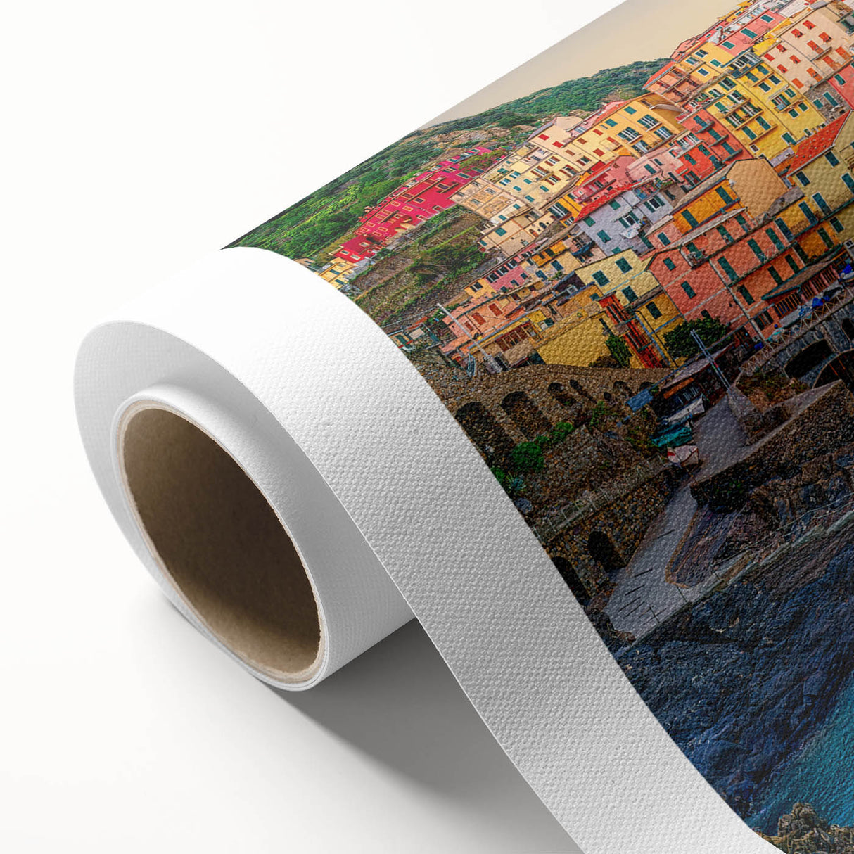 Art deco poster of Cinque Terre with pastel shades on rolled canvas, suitable for dining room wall art.