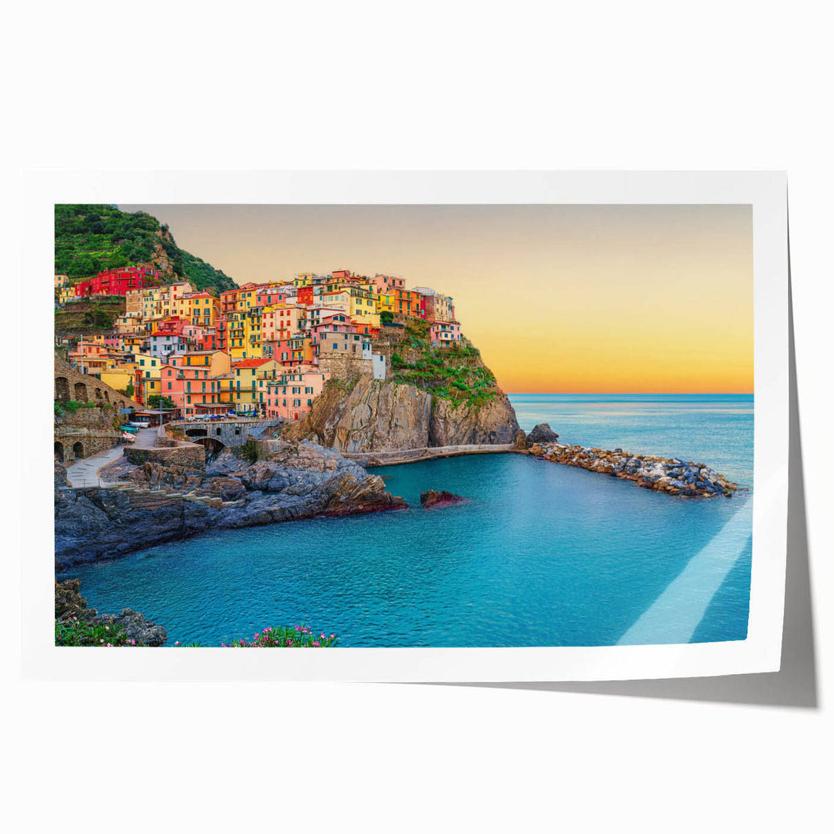 Rolled print of Cinque Terre scenery with vibrant coastal colors, ideal for dining room wall art.