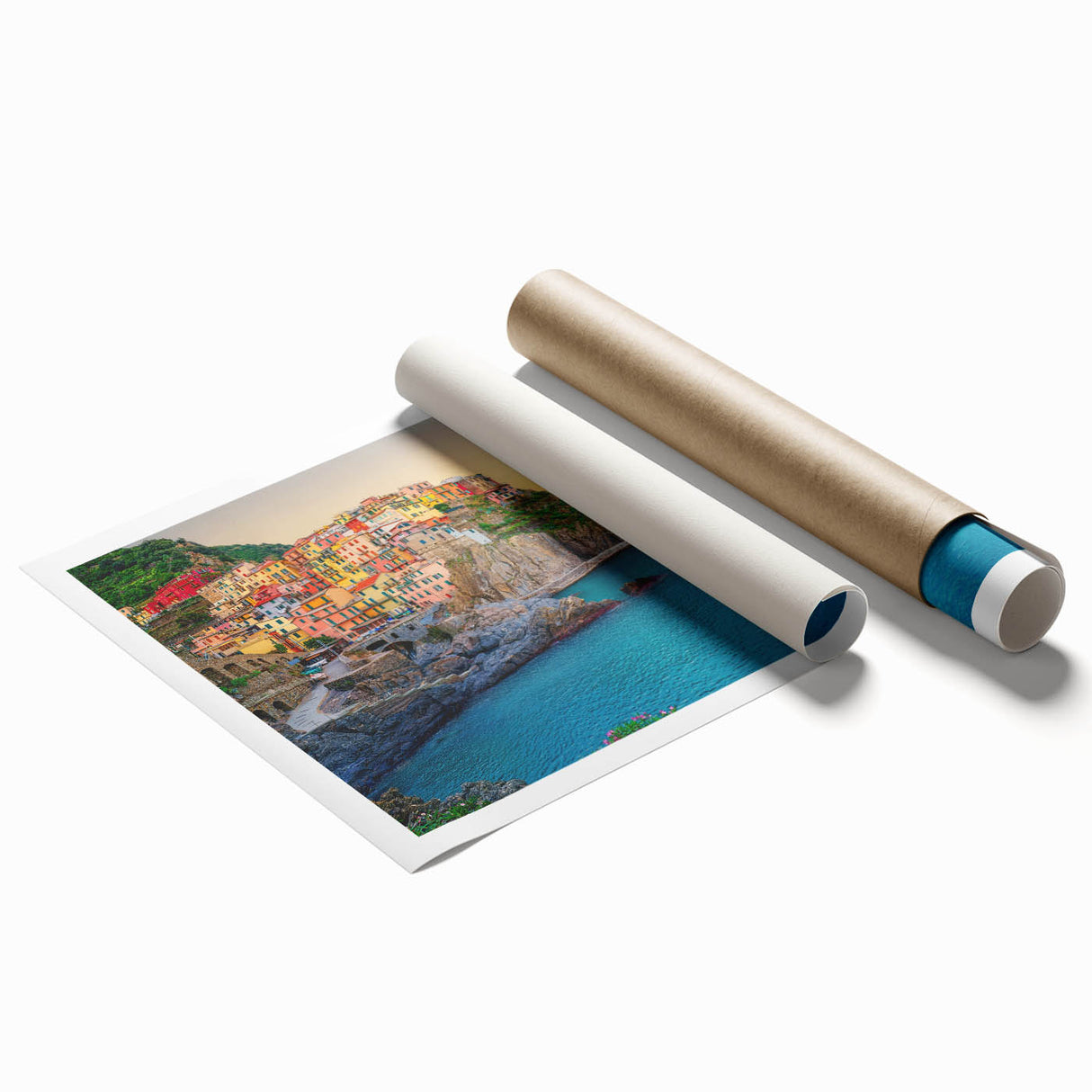 Rolled print of Cinque Terre scenery in pastel shades, ideal for classy bathroom wall art.