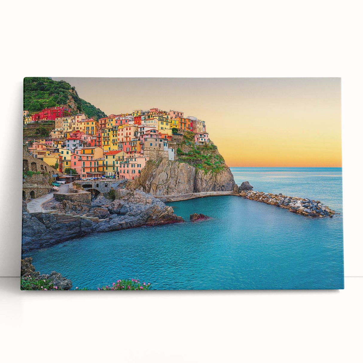 Black and white stretched canvas of Cinque Terre, Italy, ideal for kitchen wall art.