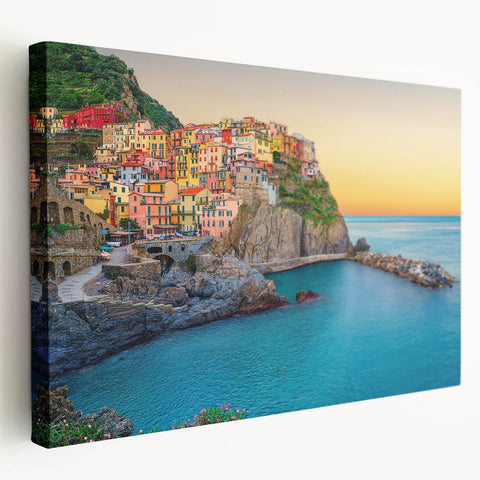 Large wall art on canvas featuring a panoramic view of Cinque Terre with vibrant coastal colors, ideal for kitchen wall art.