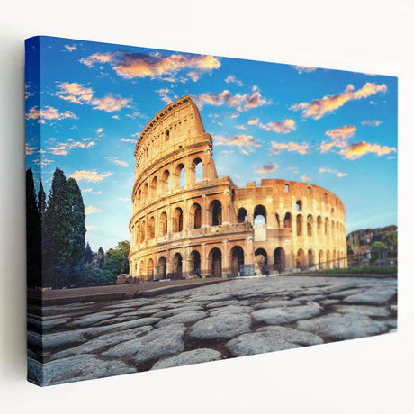 Side view of a stretched canvas depicting the Colosseum in Rome with muted earth tones, suitable for kitchen wall art.