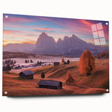 Acrylic print of the Dolomites in Italy, featuring a detailed mountain landscape in muted earth tones.