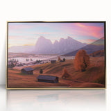 Acrylic print of Dolomites scenery in gold frame, featuring muted earth tones, ideal for modern art wall decor.