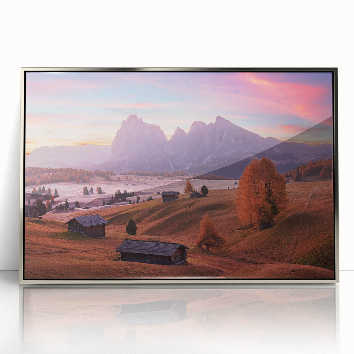 Framed acrylic print featuring a serene Dolomite landscape in muted earth tones, ideal for modern art wall decor.