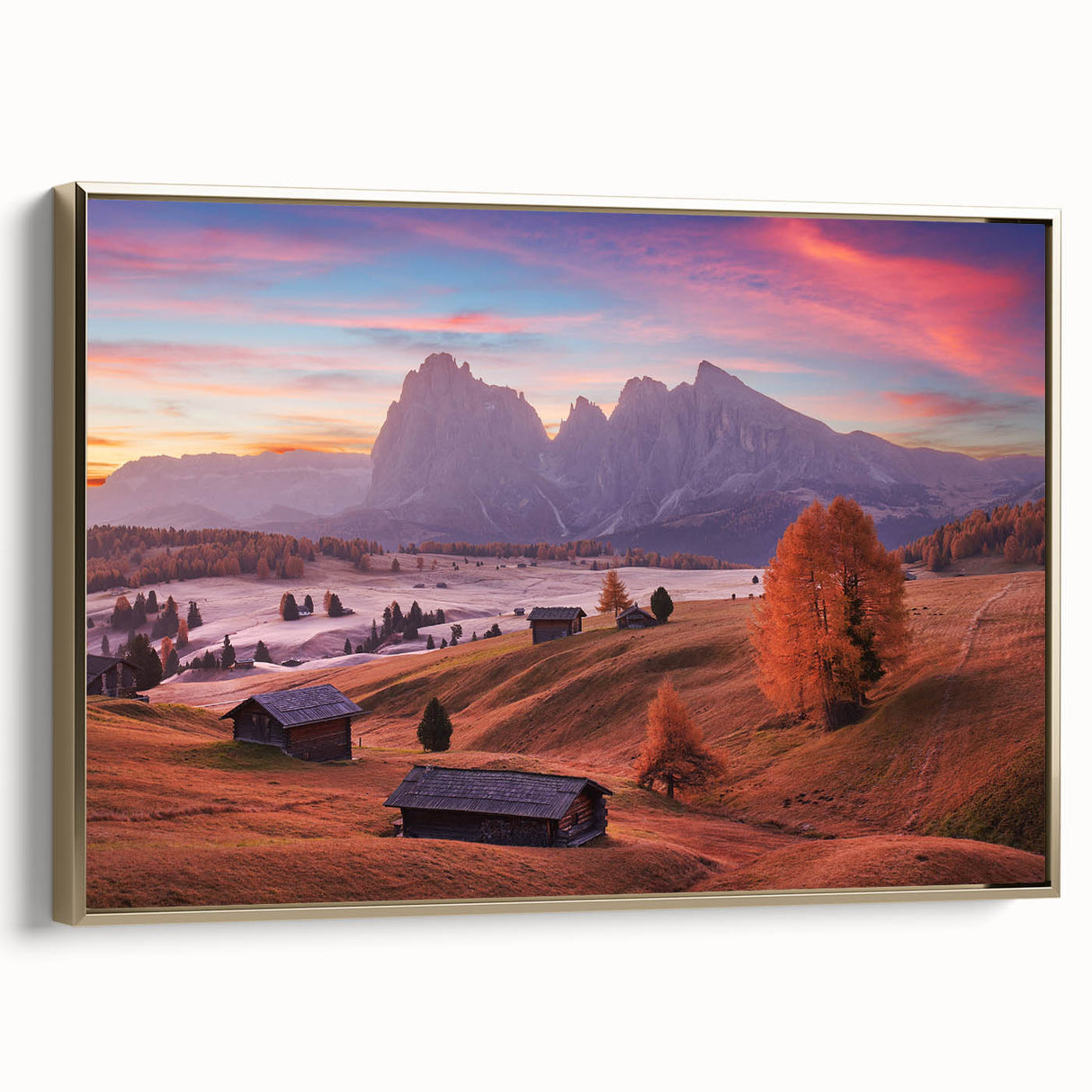 Framed canvas depicting the Dolomites in Italy with muted earth tones, ideal for bedroom wall art.