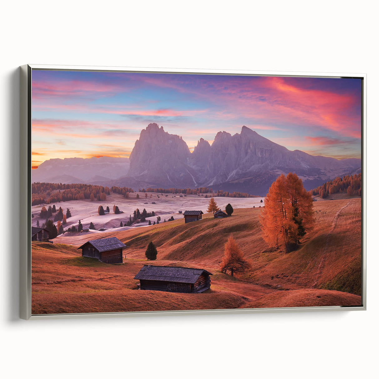 Framed canvas landscape art painting featuring the Dolomites in Italy, with a palette of earth tones.