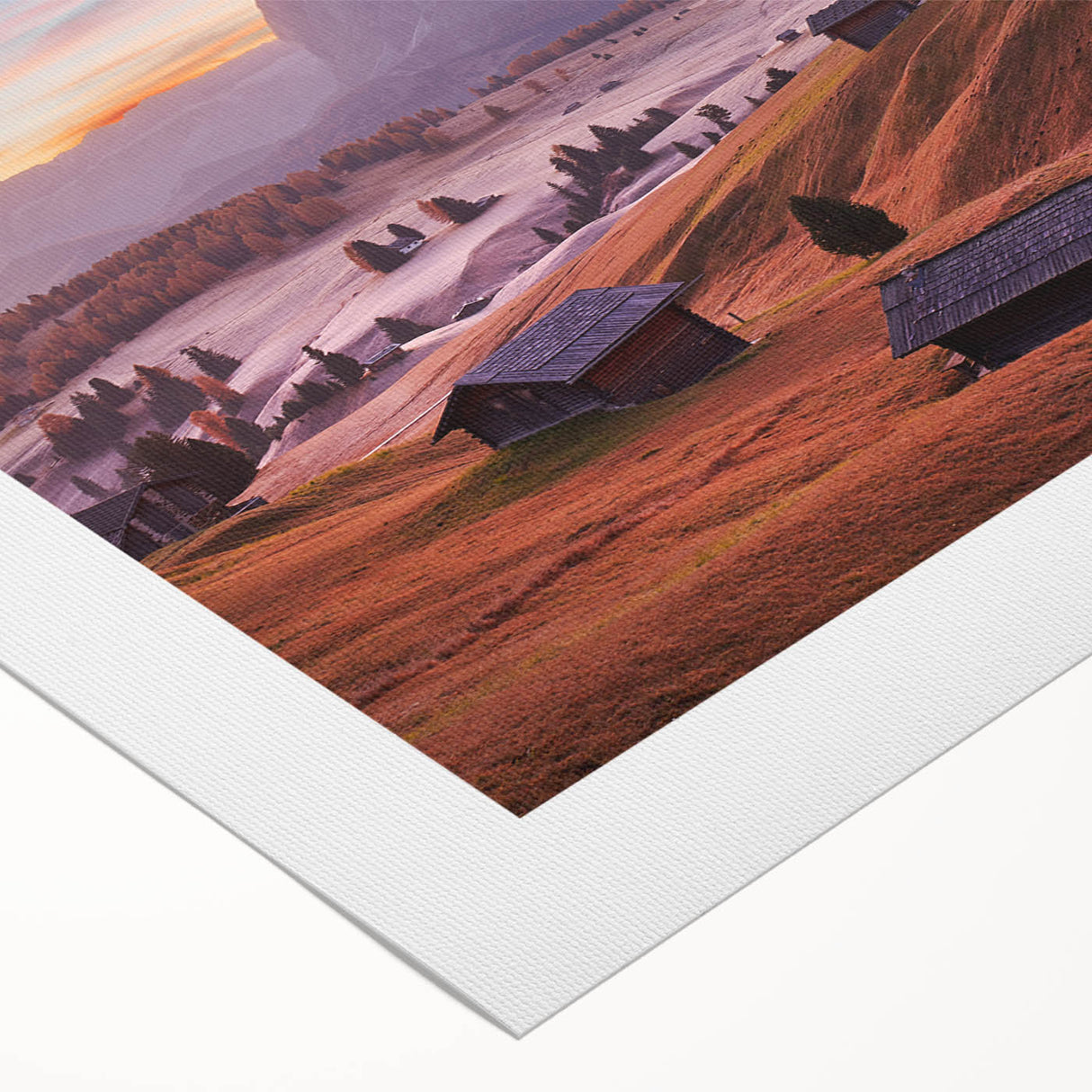 Art deco poster of the Dolomites in Italy, featuring muted earth tones on rolled canvas, suitable for dining room decor.