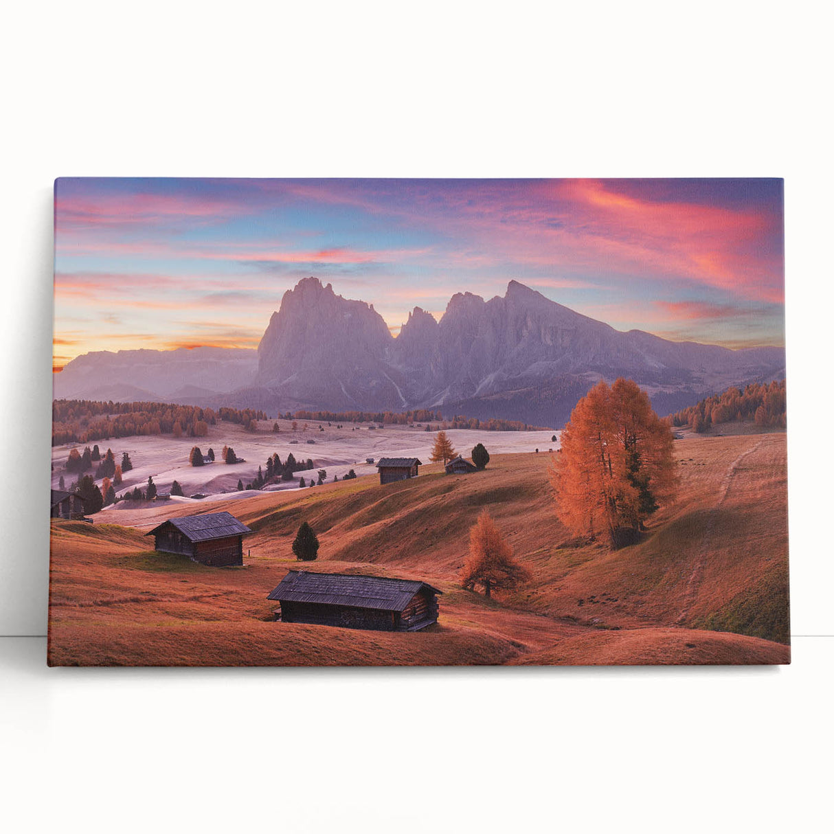 Black and white image of the Dolomites in Italy on a large stretched canvas, suitable for kitchen wall art.