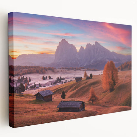 Landscape of the Dolomites in muted earth tones on a large stretched canvas, suitable for kitchen wall art.