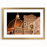 Abstract art print of Florence scenery in muted gold and blue tones, framed with a gold mat, suitable for dining room decor.