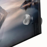 Acrylic print of Lake Como with abstract, mid-century modernist style in muted earth tones, ideal for dining room art.