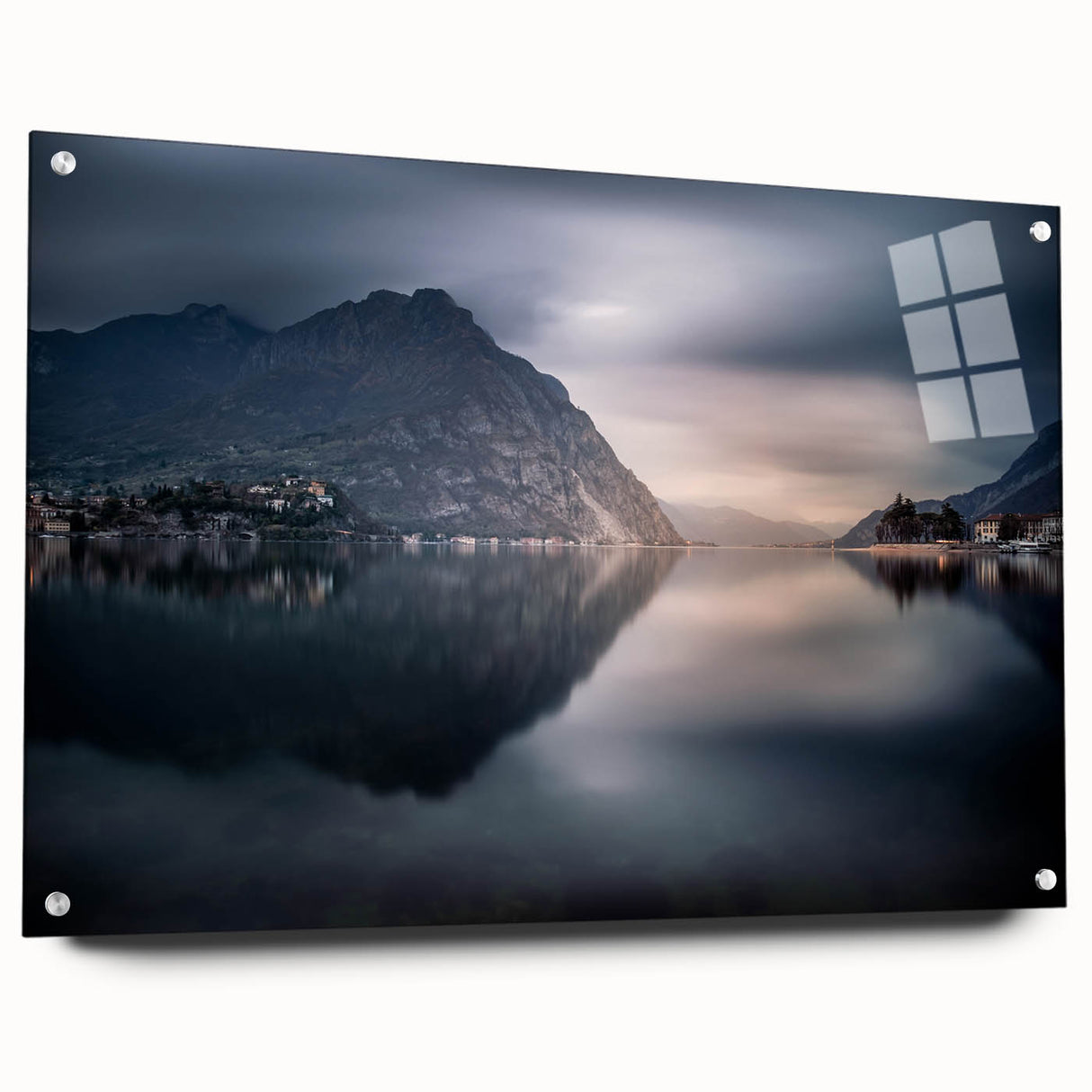 Acrylic print of Lake Como with vivid blue and green tones, suitable for dining room decor.