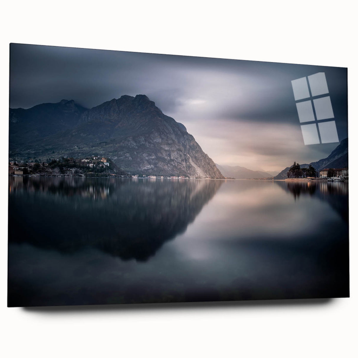 Acrylic print of Lake Como with lush landscapes in muted greens and blues, ideal for bedroom or dining room art.