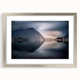 Extra large framed wall art featuring an abstract textured depiction of Lake Como in muted earth tones.