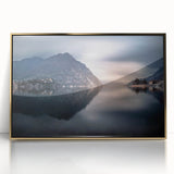 Acrylic print of Lake Como with muted blue and green hues in an art deco style, ideal for modern art wall decor.