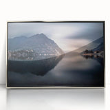 Large art print of Lake Como with muted blue and green tones on a silver-framed acrylic, ideal for modern art wall decor.