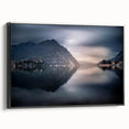 Black and white framed canvas of Lake Como with vintage poster art style, suitable for bedroom wall decor.