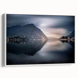Vintage poster art of Lake Como with colorful imagery on framed canvas, ideal for living room decor.