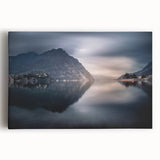 A black and white photographic print of Lake Como on stretched canvas, suitable as large kitchen wall art or for a bedroom.