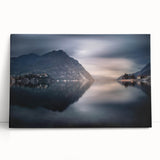 Black and white photo of Lake Como on stretched canvas, ideal for kitchen wall art.