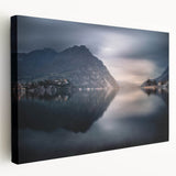 Panoramic view of Lake Como with surrounding mountains on stretched canvas, ideal for kitchen wall art.