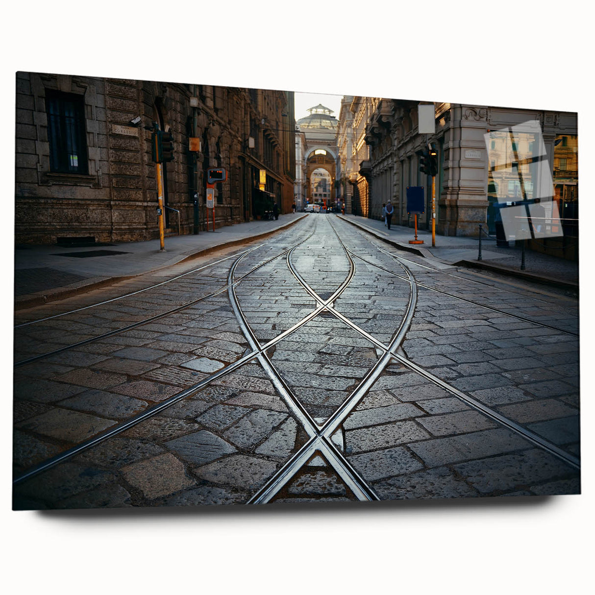 Large abstract depiction of Milan on acrylic glass, using rich earth tones, suitable for bedroom or dining room art.