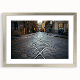 Extra large abstract art print of Milan scenery in muted earth tones on a textured canvas, framed in silver.