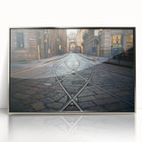 Large art print of Milan scenery in muted earth tones on a silver-framed acrylic, ideal for modern art wall decor.