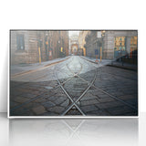 Mid-century modernist art depicting Milan scenery in muted earth tones on a white framed acrylic.