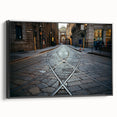 Black and white wall art featuring a vintage poster-style landscape of Milan on framed canvas, ideal for bedroom decor.