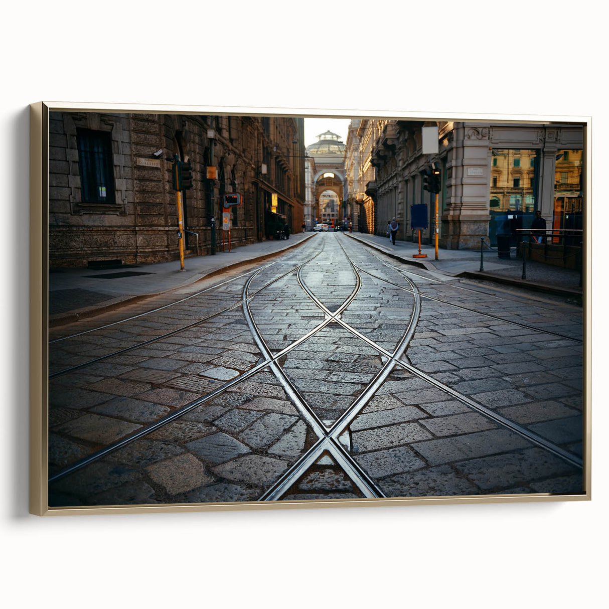 Framed canvas depicting a vintage-style Milan landscape in black and gold tones, ideal for bedroom wall art.