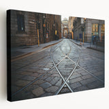 Side view of a stretched canvas featuring a detailed Milan cityscape in muted earth tones, ideal for kitchen wall art.