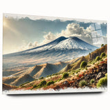 Acrylic print of Mount Etna in vibrant orange and teal shades, ideal for dining room decor.