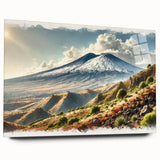 Large abstract depiction of Mount Etna in muted earth tones on acrylic glass, suitable for bedroom or dining room art.