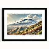 Extra large abstract art print of Mount Etna in vibrant colors on a framed canvas, ideal for living room decor.