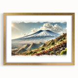 Abstract art print of Mount Etna in pastel shades, framed in gold, suitable for dining room decor.