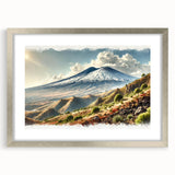 Extra large wall art depicting Mount Etna in abstract style with textured silver frame, suited for living room decor.