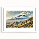 Textured art of Mount Etna, featuring abstract red and orange hues on a white framed canvas, suitable for bedroom decor.
