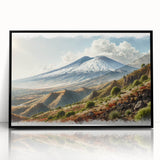 Large abstract wall art of Mount Etna, in muted earth tones on framed acrylic, suitable for modern living room decor.