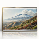 Acrylic print of Mount Etna with warm gold frame, featuring soft pastel shades, ideal for modern art wall decor.