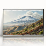 Framed acrylic print of Mount Etna in muted earth tones, ideal for modern art wall decor.