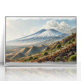 Mid-century modernist art of Mount Etna in muted earth tones on a white framed acrylic, suitable for nursery wall art.