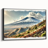 Black and white framed canvas of Mount Etna landscape, ideal for bedroom wall art in a vintage poster style.