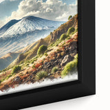 Extra large black wall art depicting Mount Etna in Italy with colorful, textured strokes on a framed canvas.