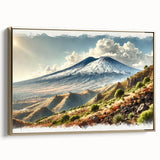 Framed canvas of Mount Etna landscape in muted earth tones, ideal for bedroom wall art.