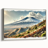 Landscape art painting of Mount Etna in vibrant colors on a silver-framed canvas, ideal for living room decor.